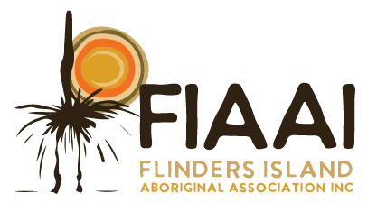 Flinders Island Aboriginal Association logo, uses an organic dark brown font with an illustrated native plant and sun to the left of the type